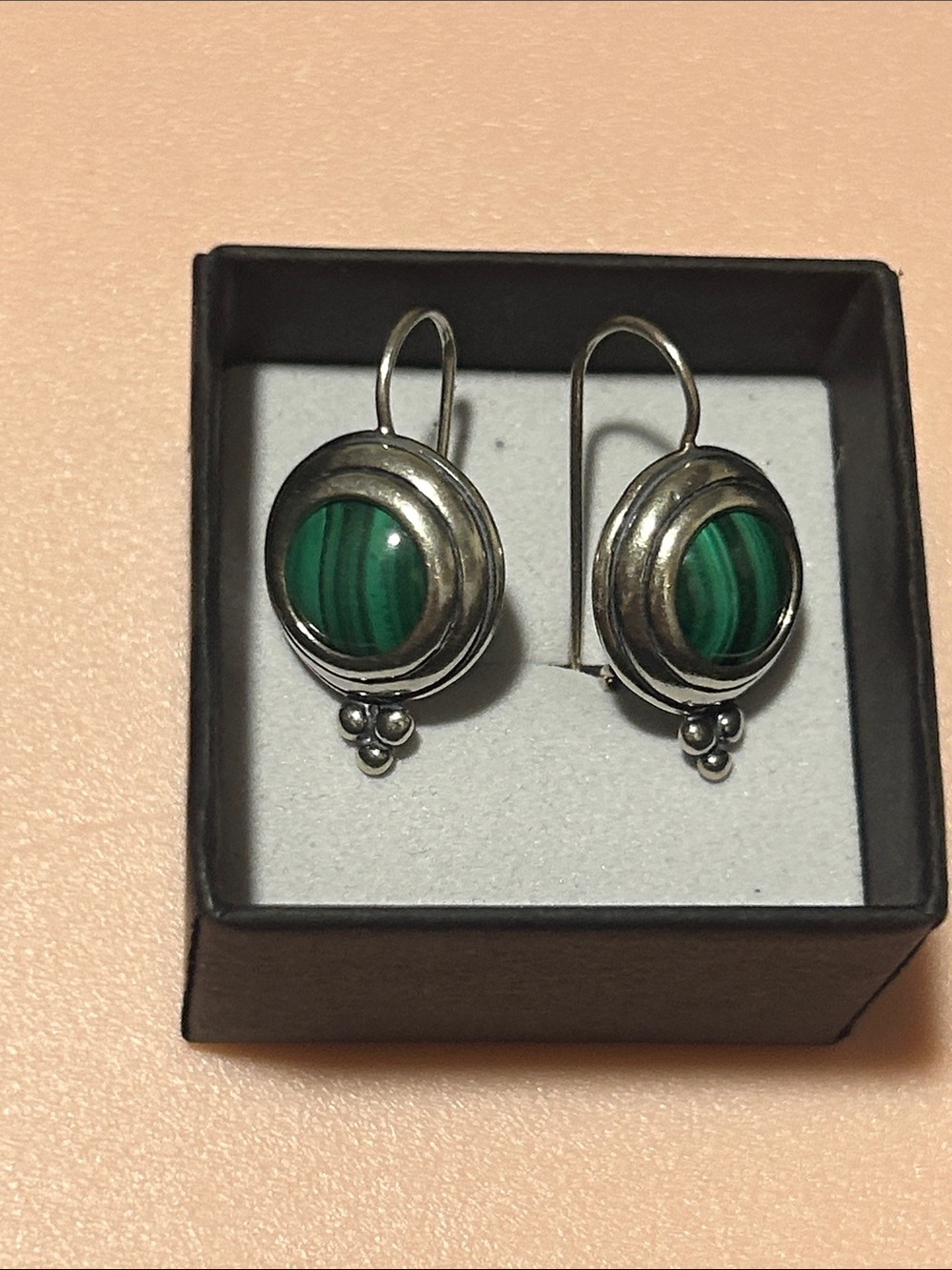 Source Unknown Silver Drop Earrings with Green Malachite Stripes